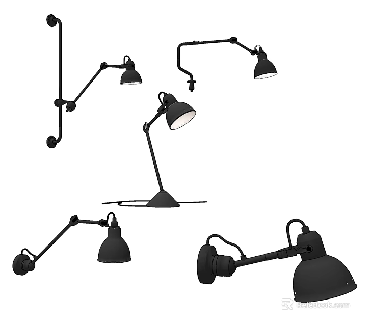 Modern Black Lighting Fixture Combination With Sleek Adjustable Wall Mounted And Desk Lamps 3d model 