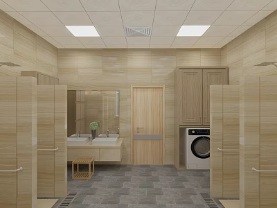 SPA Sauna Interior With Wooden Cabinets Washbasin Mirror Gray Tile Floor Ceiling Lights And Ventilation 3d model