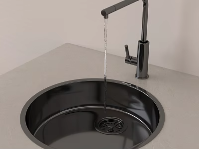 Round Black Kitchen Sink With Modern Faucet Running Water On Gray Countertop 3d model