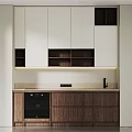 Modern Kitchen Interior With White Cabinets Dark Wooden Shelves Light Countertop Black Oven And Faucet