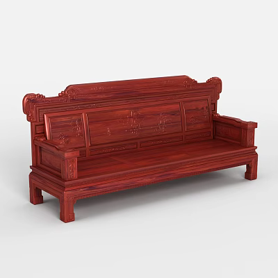 Traditional Red Wood Three-Seater Sofa with Intricate Carved Patterns on Backrest and Armrests 3d model