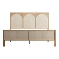 Minimalist Wooden Double Bed With Arched Rattan Headboard And Slatted Frame