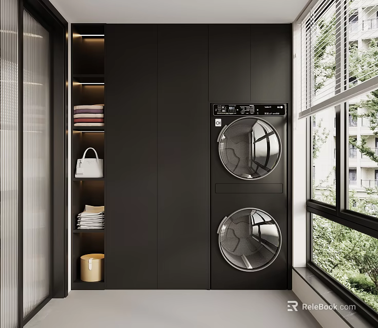 Organized Home Balcony With Black Cabinetry Stacked Washer Dryer Open Shelving And Natural Light 3d model 
