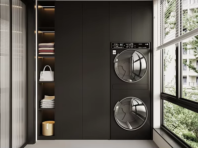 Organized Home Balcony With Black Cabinetry Stacked Washer Dryer Open Shelving And Natural Light 3d model
