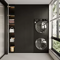 Organized Home Balcony With Black Cabinetry Stacked Washer Dryer Open Shelving And Natural Light