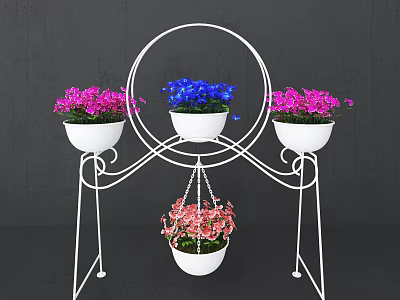 White Iron Garden Plant Stand With Multiple Flower Pots And Colorful Hanging Blooms 3d model