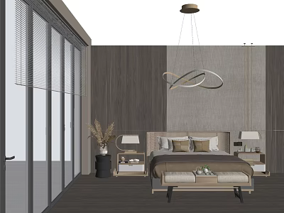 Modern Bedroom Interior With Double Bed Wooden Wall Hanging Pendant Light And Nightstands 3d model