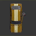 Yellow Old Car With White Stripes And Rusty Body Near Blue Toolbox