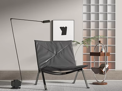 Modern Black Accent Chair With Floor Lamp Framed Artwork And Grid Wall Panel 3d model