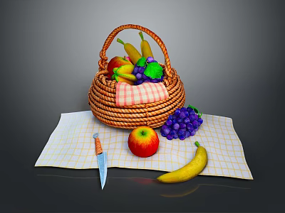 Fresh Assorted Fruits in Wicker Basket on Checkered Cloth with Knife and Scattered Pieces 3d model