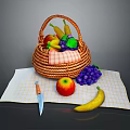 Fresh Assorted Fruits in Wicker Basket on Checkered Cloth with Knife and Scattered Pieces