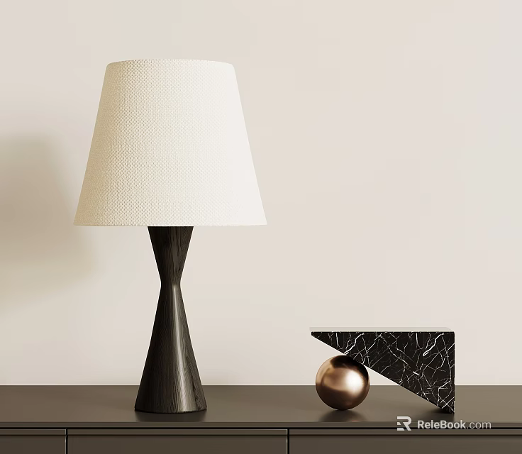 Modern Table Lamp White Fabric Shade Dark Geometric Base Gold Sphere Black Triangular Decor 3d model