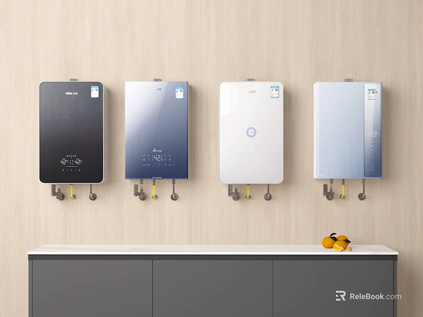 Wall Mounted Water Heaters In Various Colors With Wooden Wall And Cabinet 3d model 