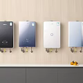 Wall Mounted Water Heaters In Various Colors With Wooden Wall And Cabinet