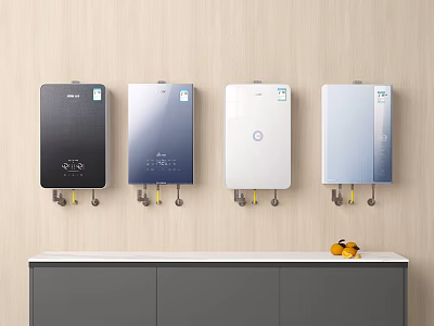 Wall Mounted Water Heaters In Various Colors With Wooden Wall And Cabinet 3d model