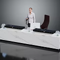 Modern White Marble Reception Desk With Black Countertop Laptop And Office Chair