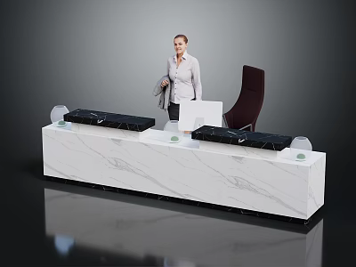 Modern White Marble Reception Desk With Black Countertop Laptop And Office Chair 3d model