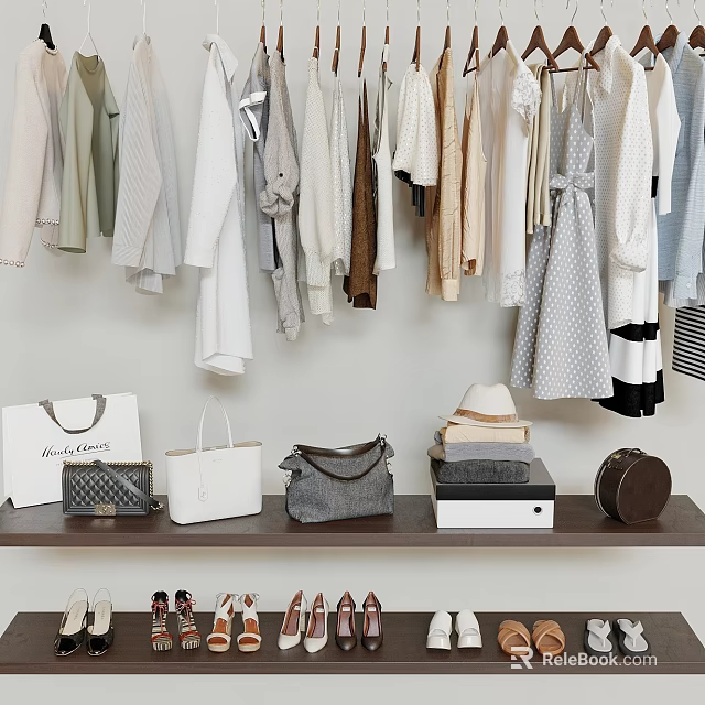 Neatly Hung Clothing In Closet With Bags Hats And Shoes 3d model 