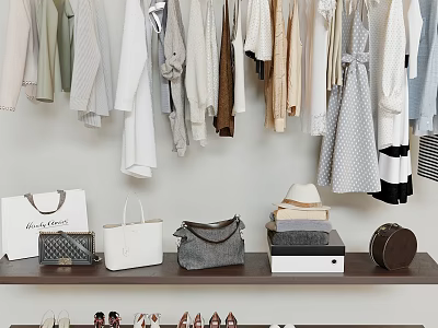 Neatly Hung Clothing In Closet With Bags Hats And Shoes 3d model
