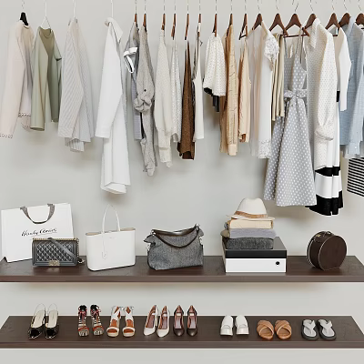 Neatly Hung Clothing In Closet With Bags Hats And Shoes 3d model