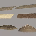 Thatch Roof Components Including Flat Sloped And Conical Straw Covered Designs 3d model