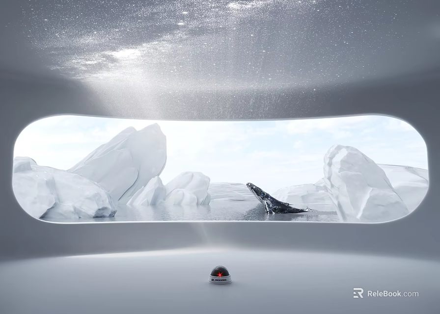 Projection Monitoring Device Viewing Arctic Ice Landscape Through Curved Window With Whale And Starry Sky 3d model 