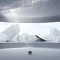 Projection Monitoring Device Viewing Arctic Ice Landscape Through Curved Window With Whale And Starry Sky