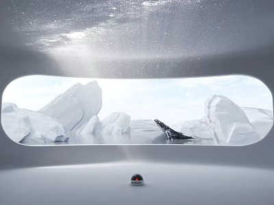 Projection Monitoring Device Viewing Arctic Ice Landscape Through Curved Window With Whale And Starry Sky 3d model