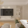Modern Living and Dining Room Interior With White Chandelier Decorative Paintings and Sofa