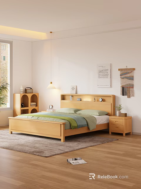 Wooden Double Bed with Green White Bedding Nightstands Wall Art Woven Decor and Natural Light 3d model 