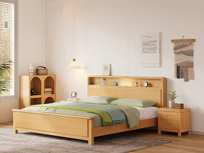 Wooden Double Bed with Green White Bedding Nightstands Wall Art Woven Decor and Natural Light 3d model
