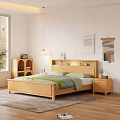 Wooden Double Bed with Green White Bedding Nightstands Wall Art Woven Decor and Natural Light