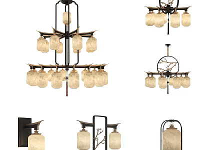 Traditional Style Lighting Combinations With Multi Tier Pendant Lamps And Wall Lights 3d model