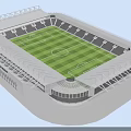 Modern Football Stadium Design With Green Turf White Roof And Gray Seating