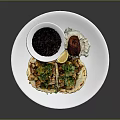 White Ceramic Dining Plate With Tacos Black Beans Lemon Grilled Meat And Rice