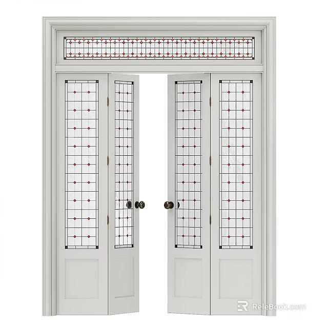Classic White Double Doors With Gridded Glass Panels And Elegant Paneled Design 3d model 