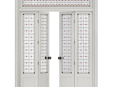 Classic White Double Doors With Gridded Glass Panels And Elegant Paneled Design 3d model