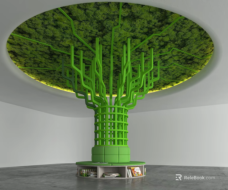 Green Tree Like Pillar Featuring Circular Foliage at the Top and Bookshelves at the Base 3d model 
