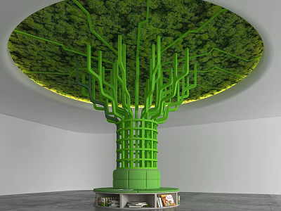 Green Tree Like Pillar Featuring Circular Foliage at the Top and Bookshelves at the Base 3d model