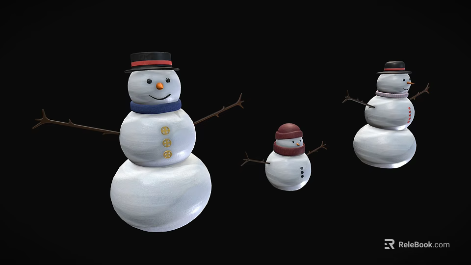 Three Snowmen Figurines With Different Sizes Black Red Hats And Blue Scarf On Black Background 3d model 