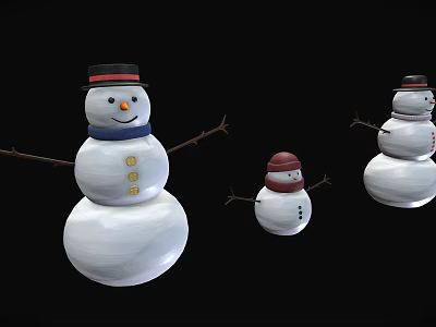 Three Snowmen Figurines With Different Sizes Black Red Hats And Blue Scarf On Black Background 3d model