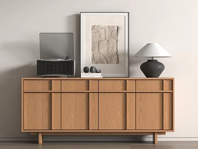 Light Wooden Cabinet With Black Speaker Laptop Books Decorative Painting And Table Lamp 3d model