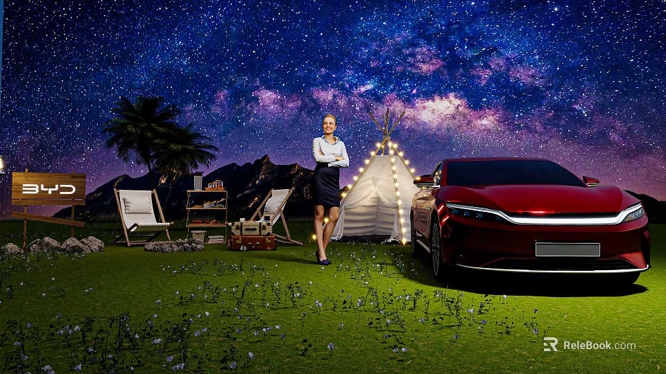 Starry Night Garden Landscape With Palm Trees Mountains Tent And Red Car 3d model 