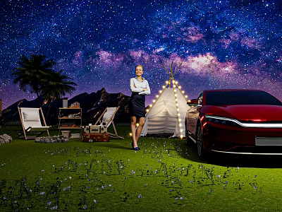 Starry Night Garden Landscape With Palm Trees Mountains Tent And Red Car 3d model