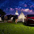 Starry Night Garden Landscape With Palm Trees Mountains Tent And Red Car