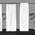 White Curtains Display with Black Rod Gray Wall Dark Wooden Floor and Green Plants
