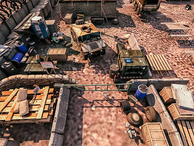 Military Outpost Scene With Off Road Vehicles Wooden Crates Barrels Tires And Supplies 3d model
