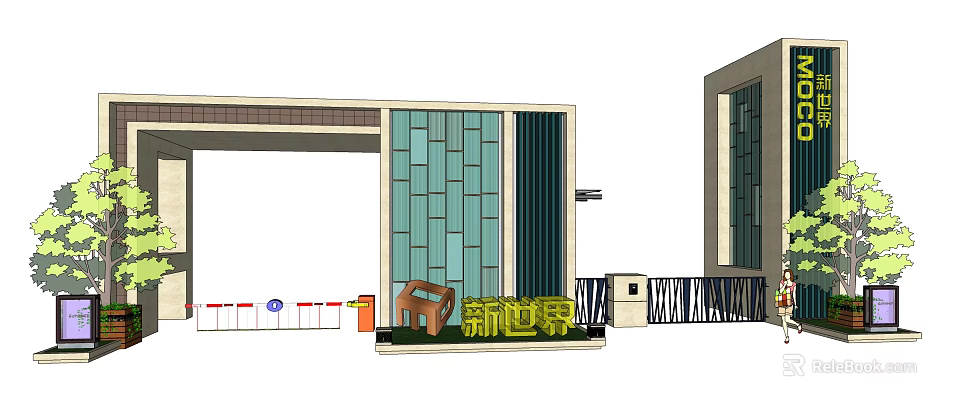 Modern New World Gate with Glass Curtain Wall and Entrance Sign Railing Design 3d model 