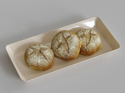 Three Round Bread Loaves with Cross Slashes on Light Rectangular Ceramic Tray 3d model