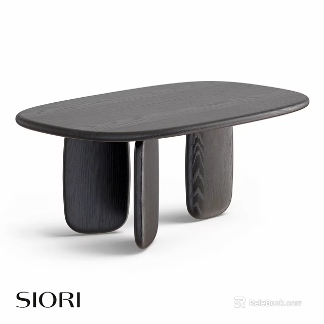 Black Wooden Oval Shaped Dining Table With Three Irregular Block Legs And Smooth Surface 3d model 